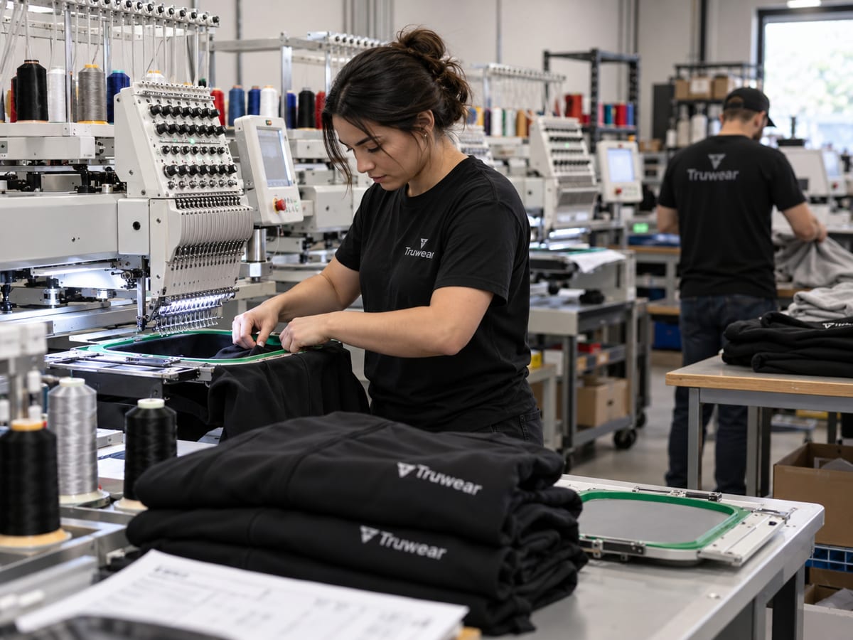 Running Truwear shirts through the embroidery machines