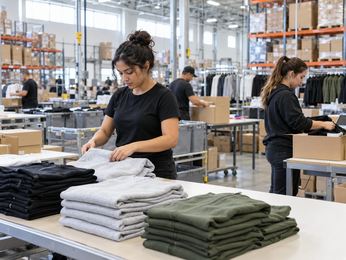 Folding finished shirts into stacks by size and color