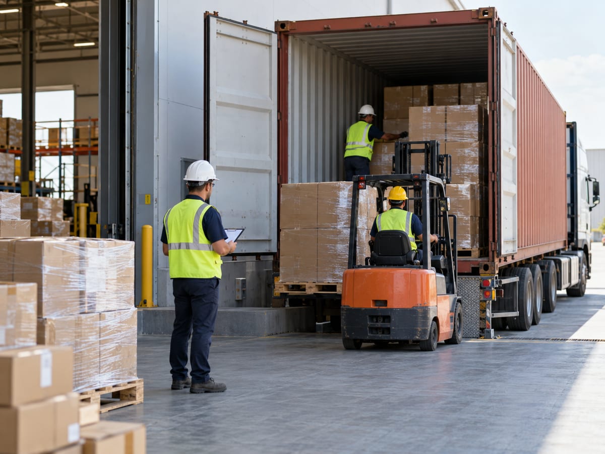 Unloading a freight container at the dock with a forklift