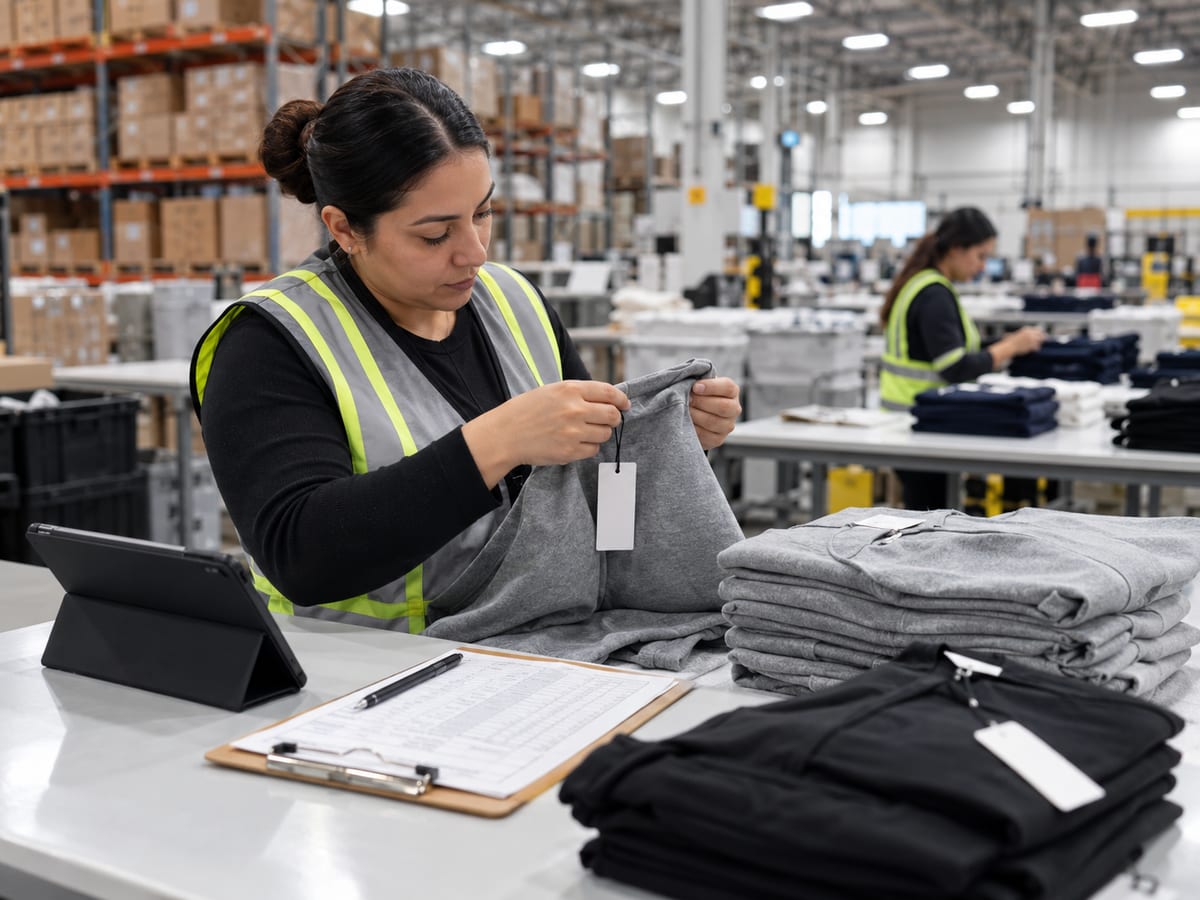 Checking a garment's tag against a tablet and checklist