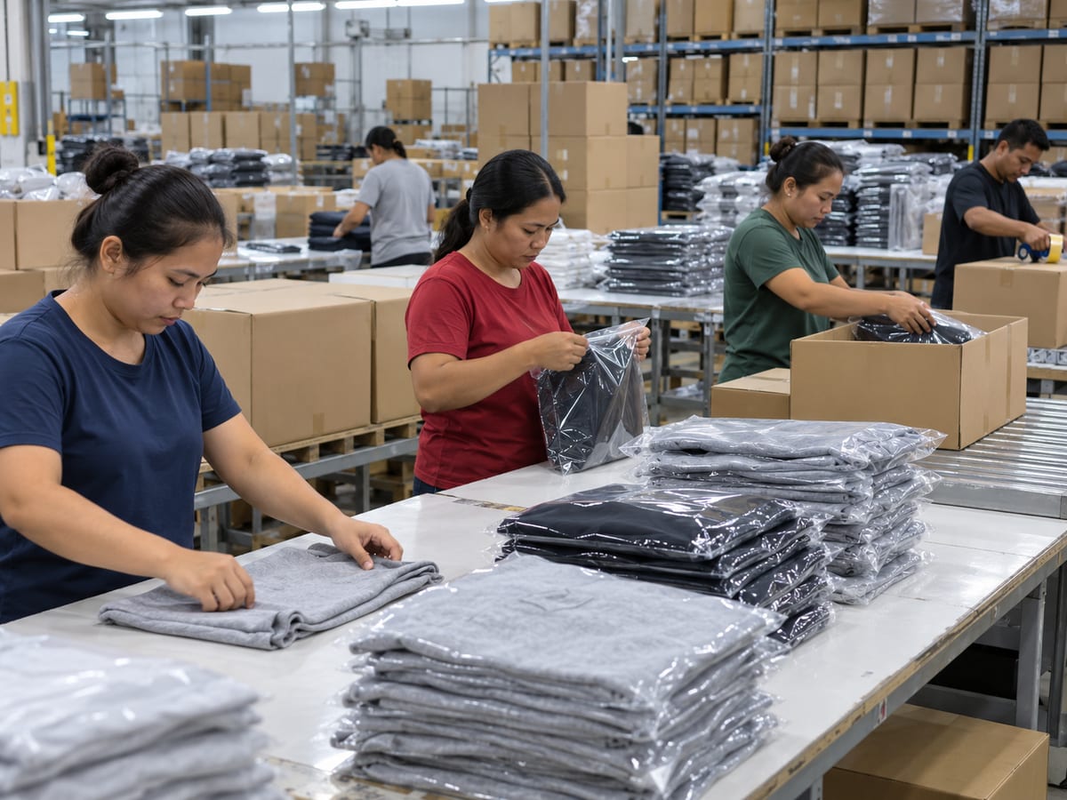 A team bagging and boxing apparel orders side by side