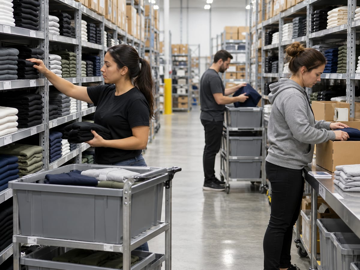 Stocking and counting apparel inventory on the shelves